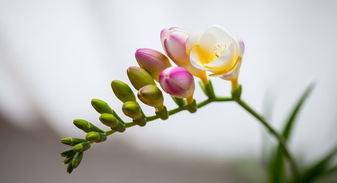 Vibrant flowers with pastel petals and fresh buds, showcasing stunning freesia in bloom. Fresh blooms symbolize love and new beginnings, perfect for wedding chuppa decoration or floral arrangements.
