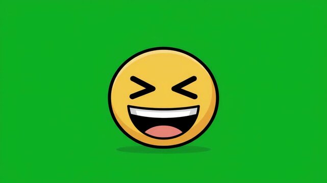 Laughing emoji with closed eyes and wide open mouth on a green screen background, expressing joy and humor.