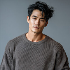 Obraz premium Confident Asian man wearing brown sweater, tousled hair, neutral background, casual fashion, modern style, calm expression, studio portrait