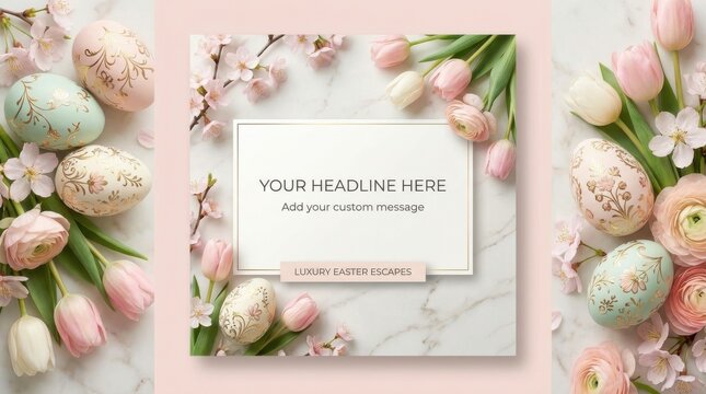 Easter Eggs and Spring Blossoms Arranged with a Blank Text Frame on a Marble Surface. Floral Springtime Decoration with Pastel Colors and Delicate
