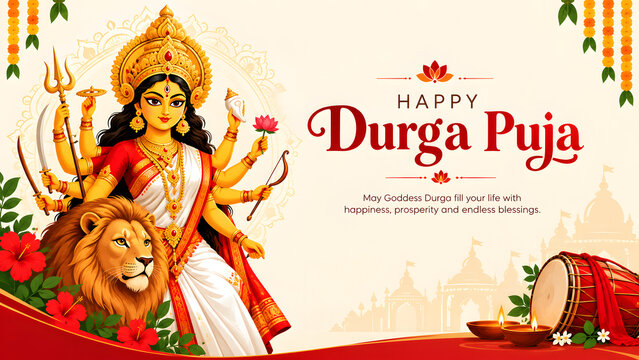 Happy durga puja greeting card featuring goddess durga with her lion and traditional dhak drum for indian festival celebration