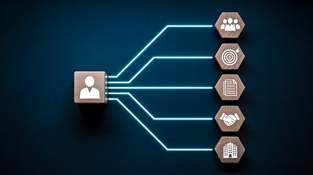 Business networking concept showing a central user connected to multiple digital service icons