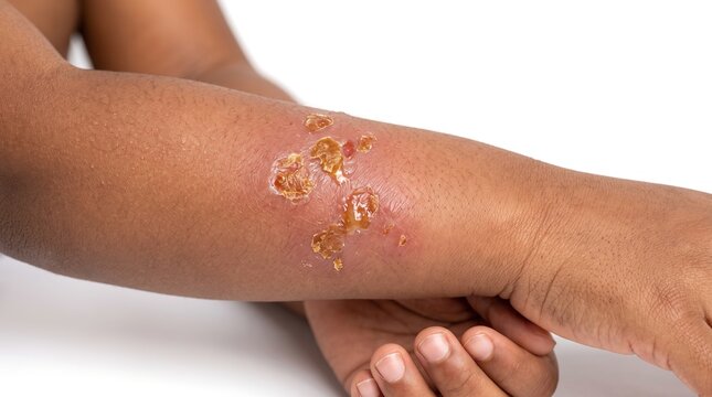 Close up view of severe impetigo bacterial skin infection on forearm with honey crusts