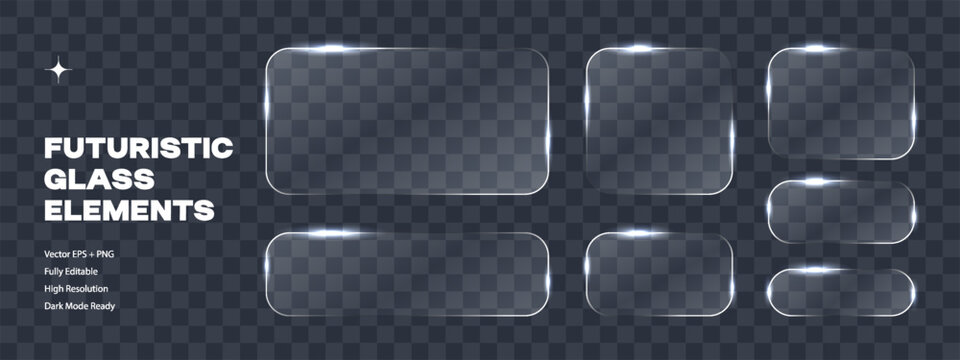 Glass neon effect frames with shining edges and highlights. Blue geometric square and rectangle shapes. Website and user interface UI UX design. Vector illustration on transparent background