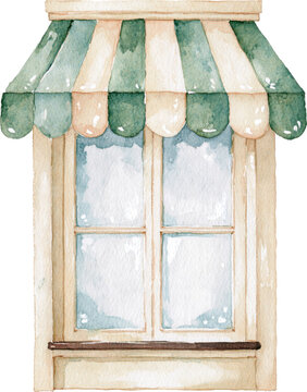 Watercolor illustration of a vintage window with a green and white striped awning isolated on transparent background.
