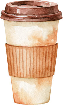 Watercolor illustration of a takeaway paper coffee cup with a lid and sleeve isolated on transparent background.