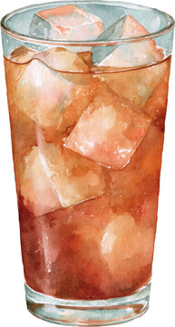 Watercolor illustration of a tall glass filled with iced tea and ice cubes isolated on transparent background.