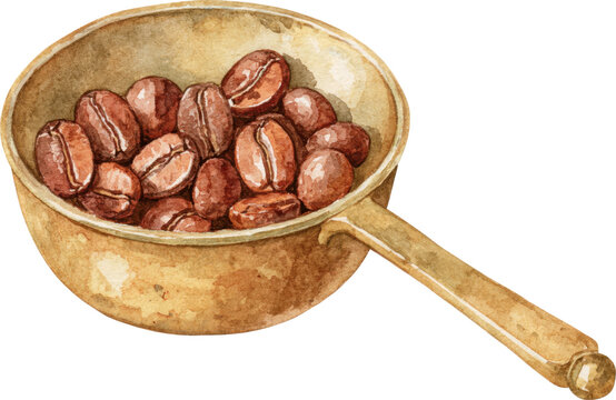 Watercolor illustration of roasted coffee beans in an antique brass scoop isolated on transparent background.