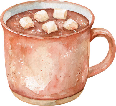 Watercolor illustration of a pink mug filled with hot chocolate and marshmallows isolated on transparent background.