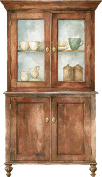 Watercolor illustration of a vintage wooden cabinet with glass doors and dishes inside isolated on transparent background.