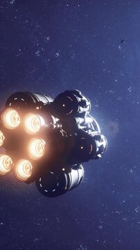 A spaceship is seen in outer space with powerful engines glowing bright. The scene shows a dark background filled with stars and distant planets.