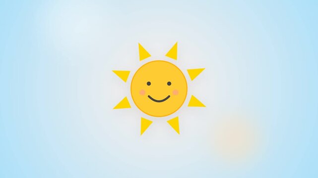 Happy cartoon sun character glowing against a soft blue sky