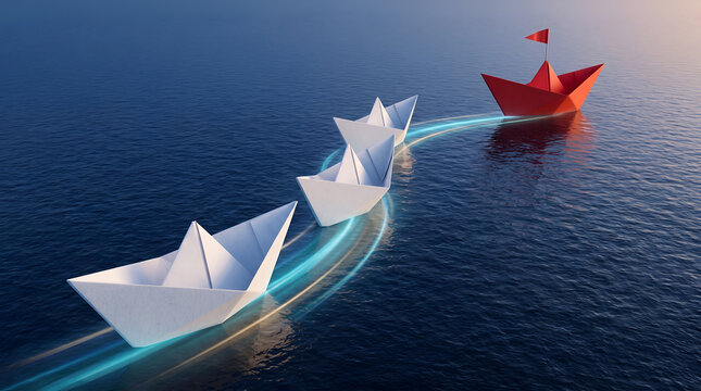 Red origami paper boat leading a fleet of white boats with glowing wake trails representing business leadership
