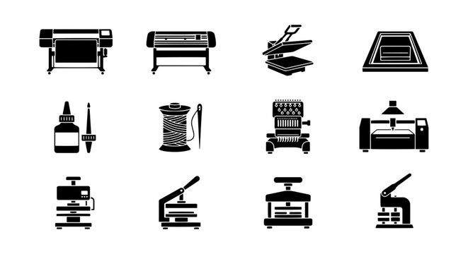 Printing Equipment Icons: Plotter, Heat Press, Screen Printing, Embroidery Machine, Sewing Machine, Binding Machine