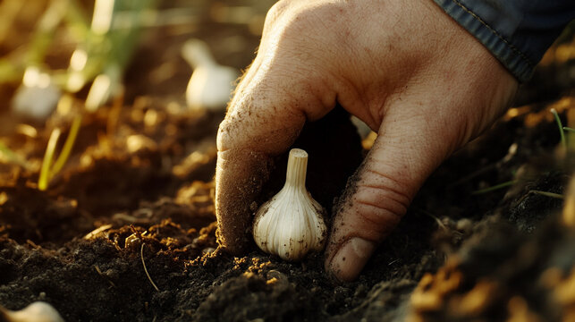 Hand planting garlic in soil