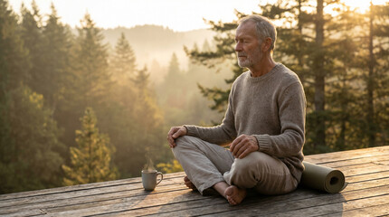 Fototapeta premium Older Man Meditating on Deck with Forest View at Sunrise