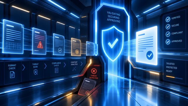 Digital document scanning pipeline in futuristic server room representing automated threat detection and secure data validation