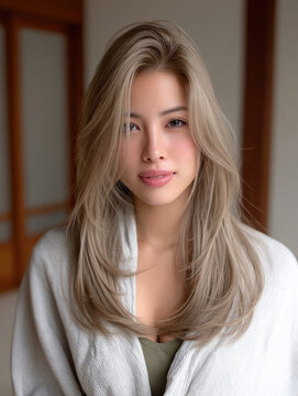 Japanese woman long hair early 20s straight hairstyle natural makeup soft lighting indoor serene beauty fashion portrait