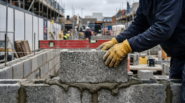 Professional construction worker using a spirit level tool to align concrete blocks on a mortar bed at an active residential building site, showcasing precision, craftsmanship