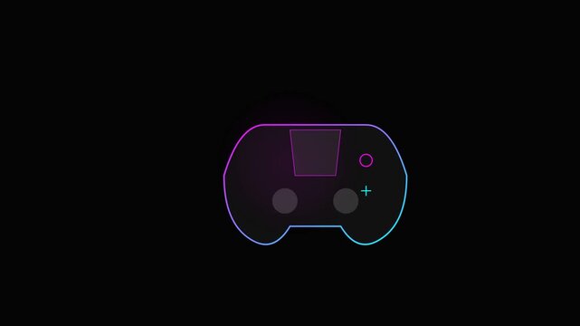 Minimalist neon game controller icon on black background