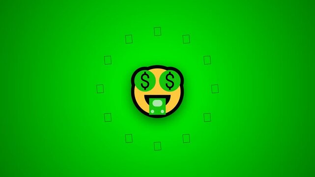 Smiley face with dollar signs on vibrant green background