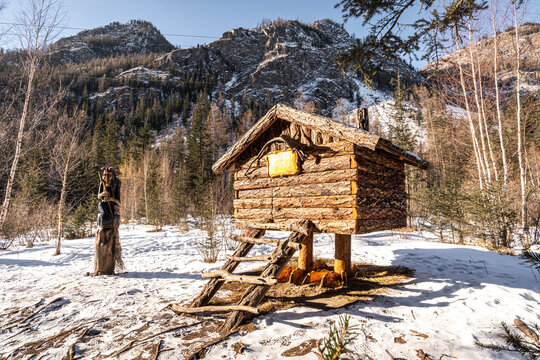 Wooden house fairy grandmother Yaga. Hut on chicken legs house of Baba Yaga character from a traditional Russian folk tale