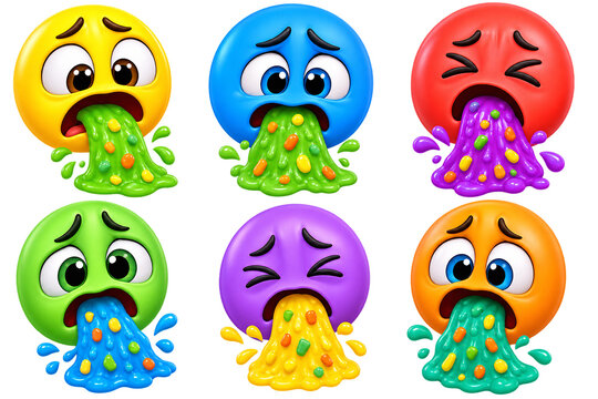 A collection of colorful 3d emoticons showing various characters vomiting with different liquid colors isolated on black background