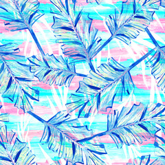 Jungle beach leaves seamless tropical pattern on a blue stripe watercolor background © AineGing
