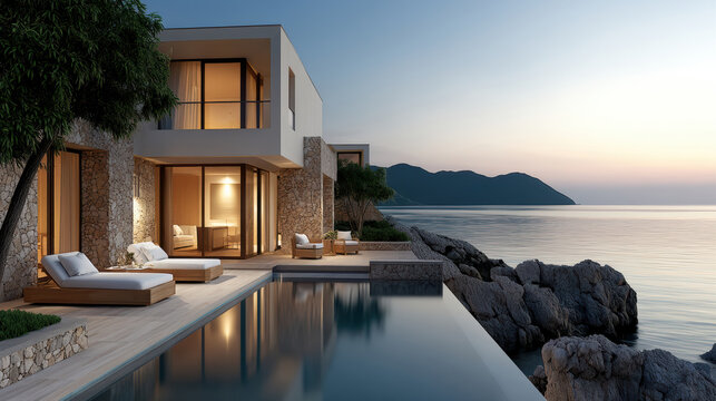 Modern villa sunset infinity pool sea view luxury stone wall outdoor lounge mountain serene tranquil