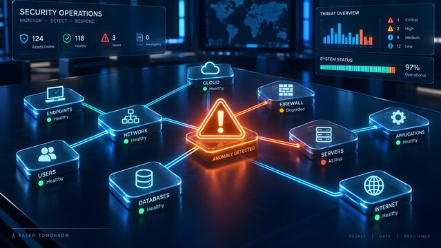 Futuristic security operations dashboard with glowing anomaly detected alert representing network threat monitoring and cyber defense