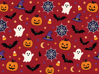 Fototapeta premium Seamless Halloween Pattern with Pumpkins Ghosts Bats and Spiderwebs