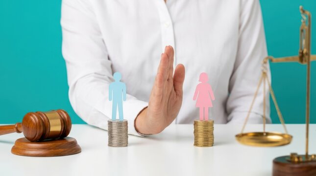 Judge hand stopping separation of paper male and female figures with gavel and scale for divorce settlement concepts.