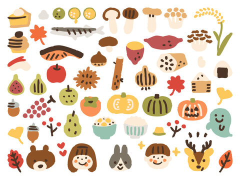 手描きかわいい秋の味覚セット　線画なし①