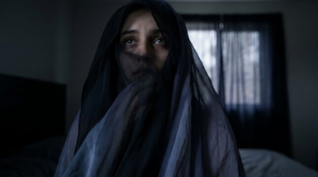 A young woman wearing a dark headscarf looks upward with emotional depth while sitting inside a dimly lit room representing themes of sorrow reflection contemplation mourning sadness and heavy