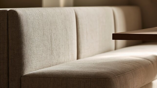 Modern minimalist interior design featuring beige upholstered bench seating in a dining area.