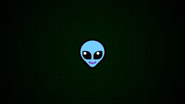 Minimalist blue alien face icon on dark grid background