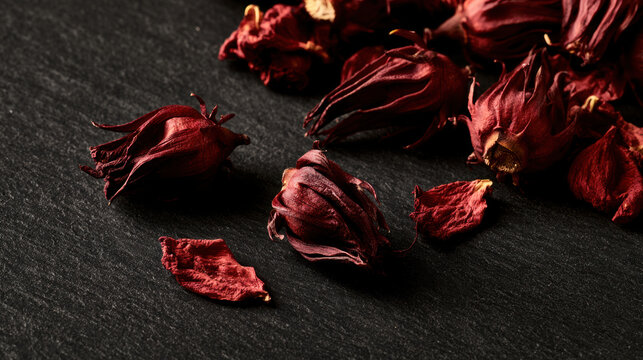 Dried red hibiscus flowers and loose petals arranged on a black textured surface in dramatic warm light