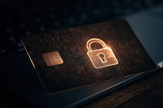 Close-up of a credit card chip with a glowing padlock icon on its surface, representing secure digital payments and card security.