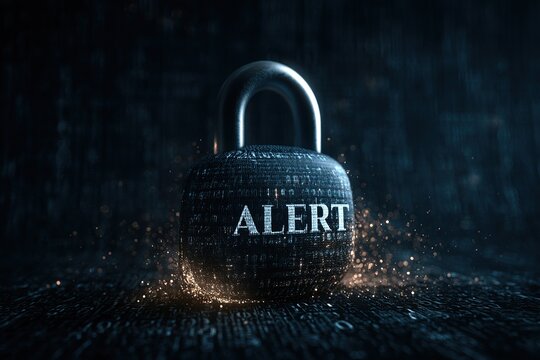 A dark digital padlock labeled "ALERT" glows amid binary code and sparks, symbolizing cybersecurity warnings, data protection, and imminent digital threats.