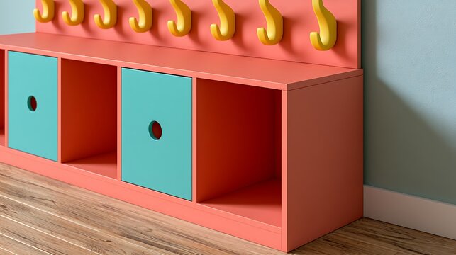 Colorful Kids Cubby Bench with Hooks for Storage and Organization.
