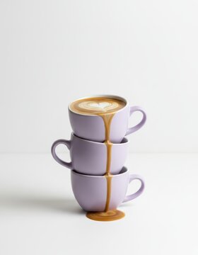 A stack of lavender cups with latte art dripping from the top cup onto the ones below and onto the surface.
