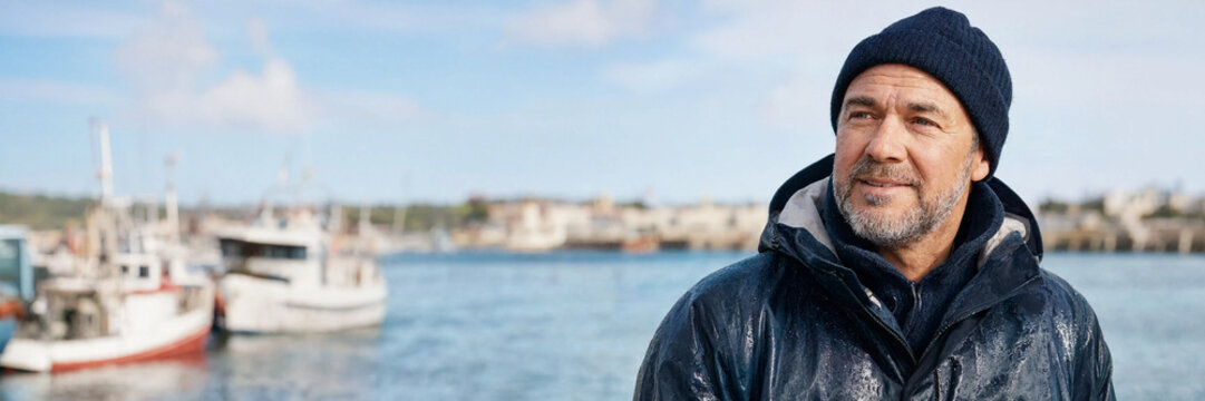 Middle-aged man in a knit hat and waterproof jacket stands beside a harbor with fishing boats and waterfront buildings in the background.