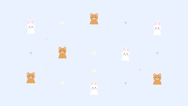Cute Animal Pattern Motion Graphic Animation with Bunny and Bear Character Vector Background