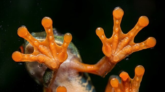Macro detail of red eyed tree frog feet pressed against glass window