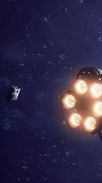 A rocket is seen in space with its engines glowing brightly. The rocket is positioned near a cluster of asteroids drifting in the vastness of space during a mission.
