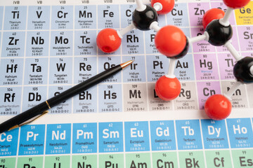 Molecules chemical on a periodic table background. © manassanant
