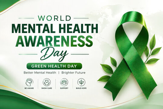 World Mental Health Day Awareness Poster with Green Ribbon and Mental Health Awareness Message on White Background,,
