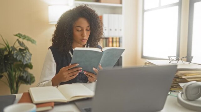 Woman student in uniform holds book, turns page and types on laptop at desk in building study area; concentration study focus.