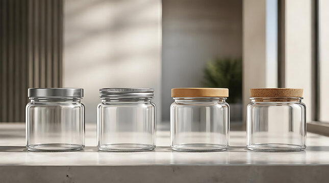 Empty glass storage jars with wooden lids on shelf.