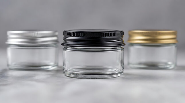 Three empty glass jars with metallic lids.